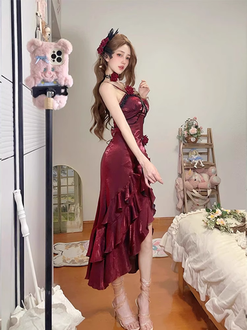 Niulatu High Low Irregular Ruffled Spaghetti Straps Women's Burgundy Birthday Outfits Party Dresses With Sleeves SD439